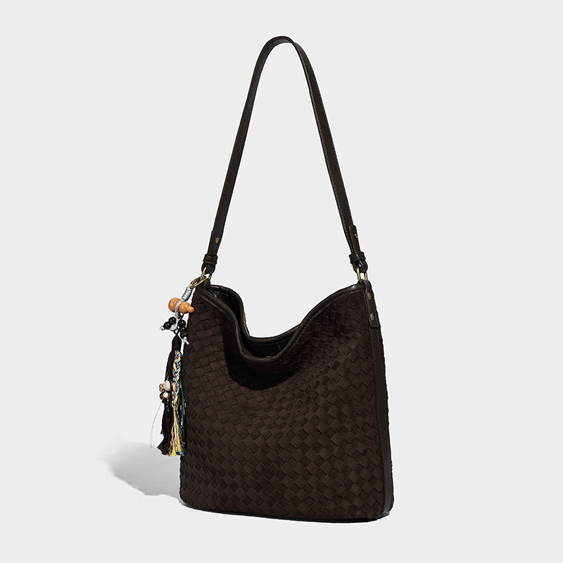 Dark chocolate woven texture hobo shoulder bag with multicolor tassel-and-bead charm and long adjustable strap, detail view 6