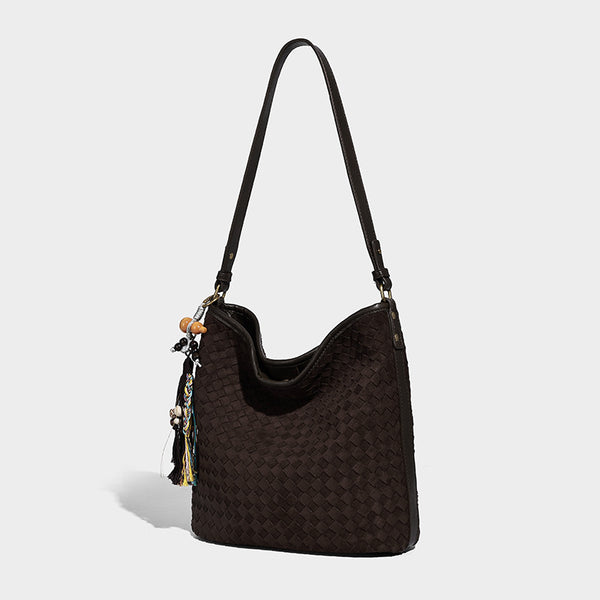 Dark chocolate woven texture hobo shoulder bag with multicolor tassel-and-bead charm and long adjustable strap, detail view 6