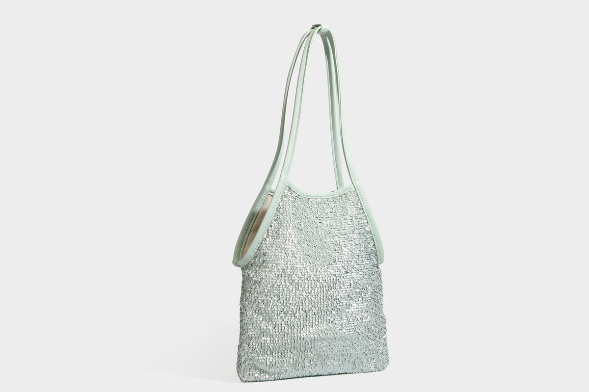 Kleine Schulter-Tote-Bag mit Pailletten, langem Metallic-Riemen und trapezförmiger Silhouette, Detailansicht 26
