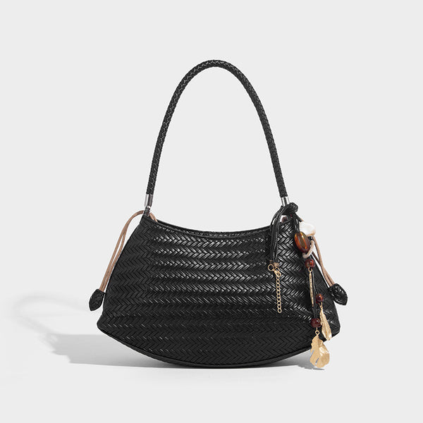 Woven leather-look hobo shoulder bag with braided strap and silver-tone hardware, detail view 6