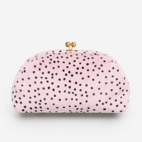 Rounded spotted faux-fur kiss-lock clutch bag with gold-tone chain strap in cream with black dot print, front view