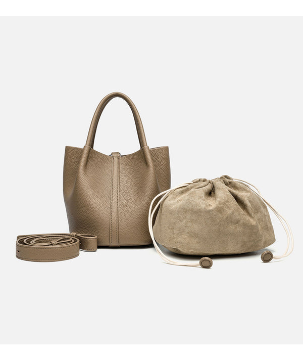 Pebbled leather-look bucket tote bag with rounded top handles and detachable shoulder strap, detail view 15