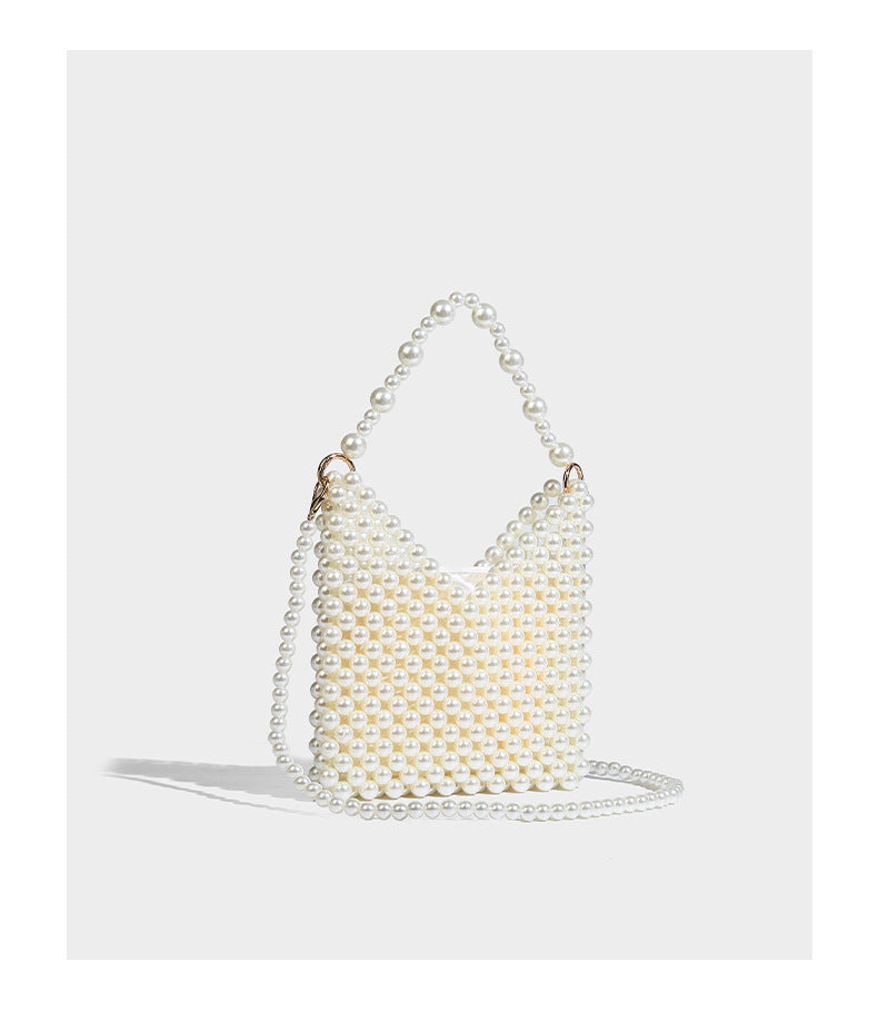 Small silver metallic beaded mini bag with braided rhinestone top handle and detachable chain crossbody strap, detail view 25
