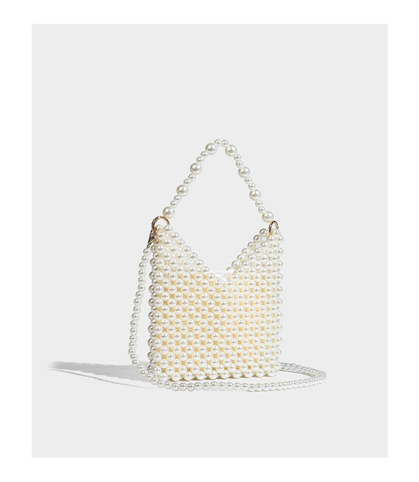 Small silver metallic beaded mini bag with braided rhinestone top handle and detachable chain crossbody strap, detail view 25
