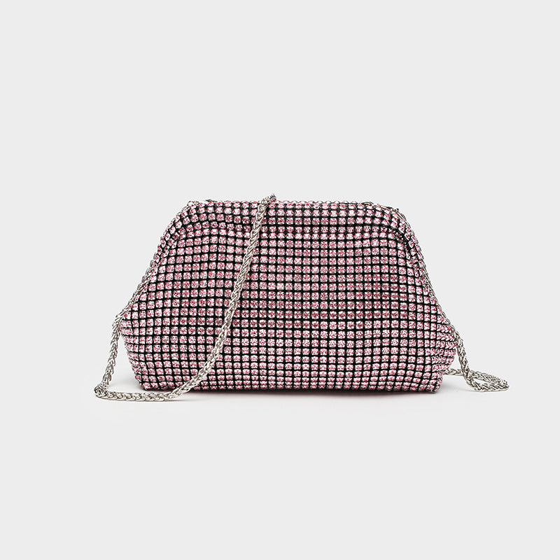 Small crystal rhinestone clutch crossbody bag with silver-tone chain strap and frame-clip closure, detail view 13