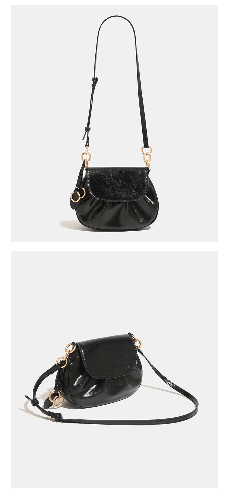 Small rounded flap crossbody saddle bag with gold-tone ring hardware and adjustable strap, detail view 10