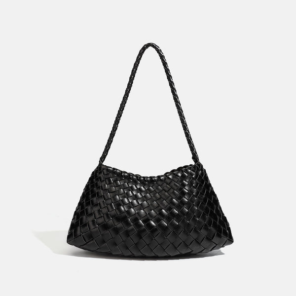 Dark brown hand-woven leather-look hobo shoulder bag with braided strap and drawstring closure, detail view 8