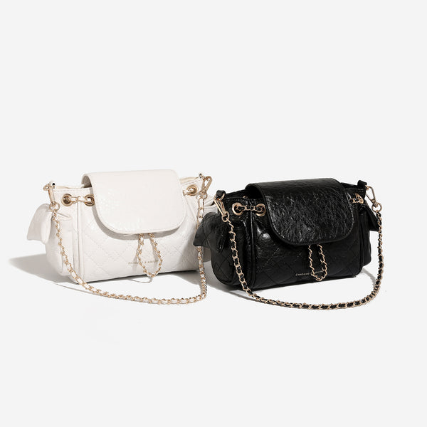 Small quilted diamond-pattern chain shoulder bag with flap closure and gold-tone hardware, detail view 2