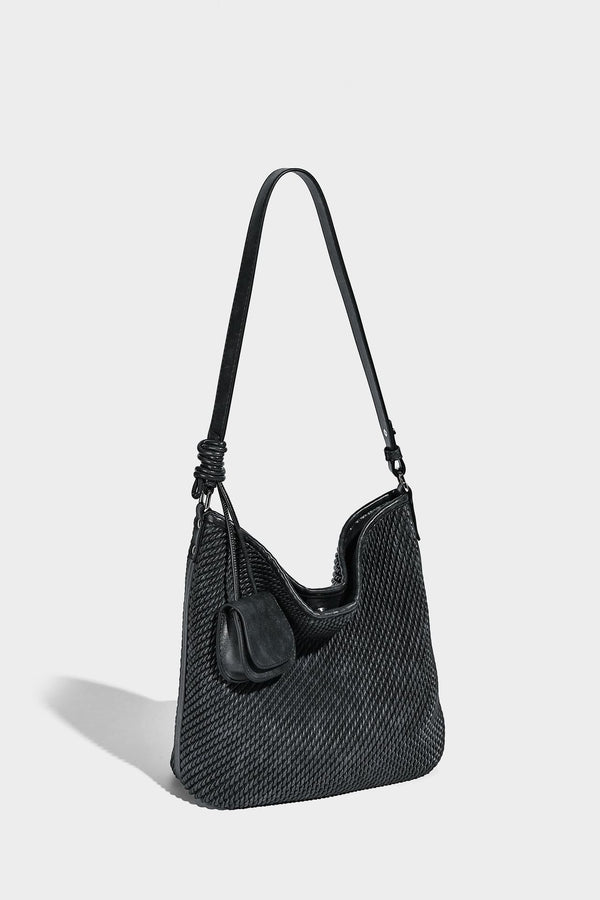 Große, weich fallende Hobo-Schultertasche mit Webstruktur in Braun, mit Mini-Tasche mit Überschlag und schmalem Knotenträger, Detailansicht 22