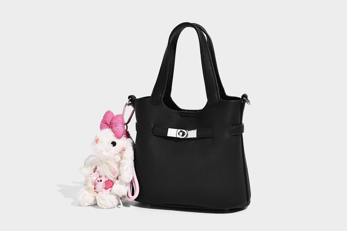 Kleine formstabile Tote-Bag mit genarbter Oberfläche, silberfarbenem Drehverschluss und zwei Henkeln, Detailansicht 16