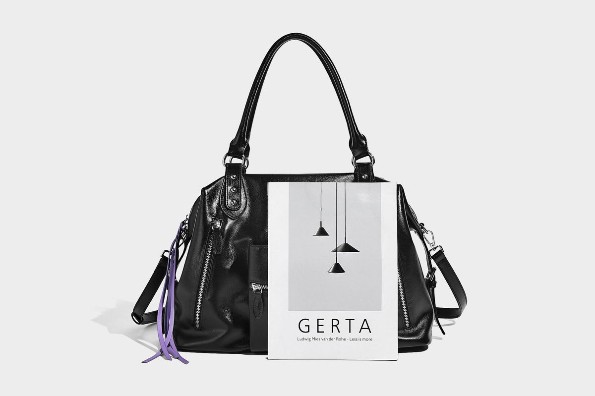 Glänzende strukturierte Tote-Henkeltasche mit zwei Tragegriffen, abnehmbarem Crossbody-Riemen, Reißverschlusstaschen auf der Vorderseite und silberfarbenen Beschlägen