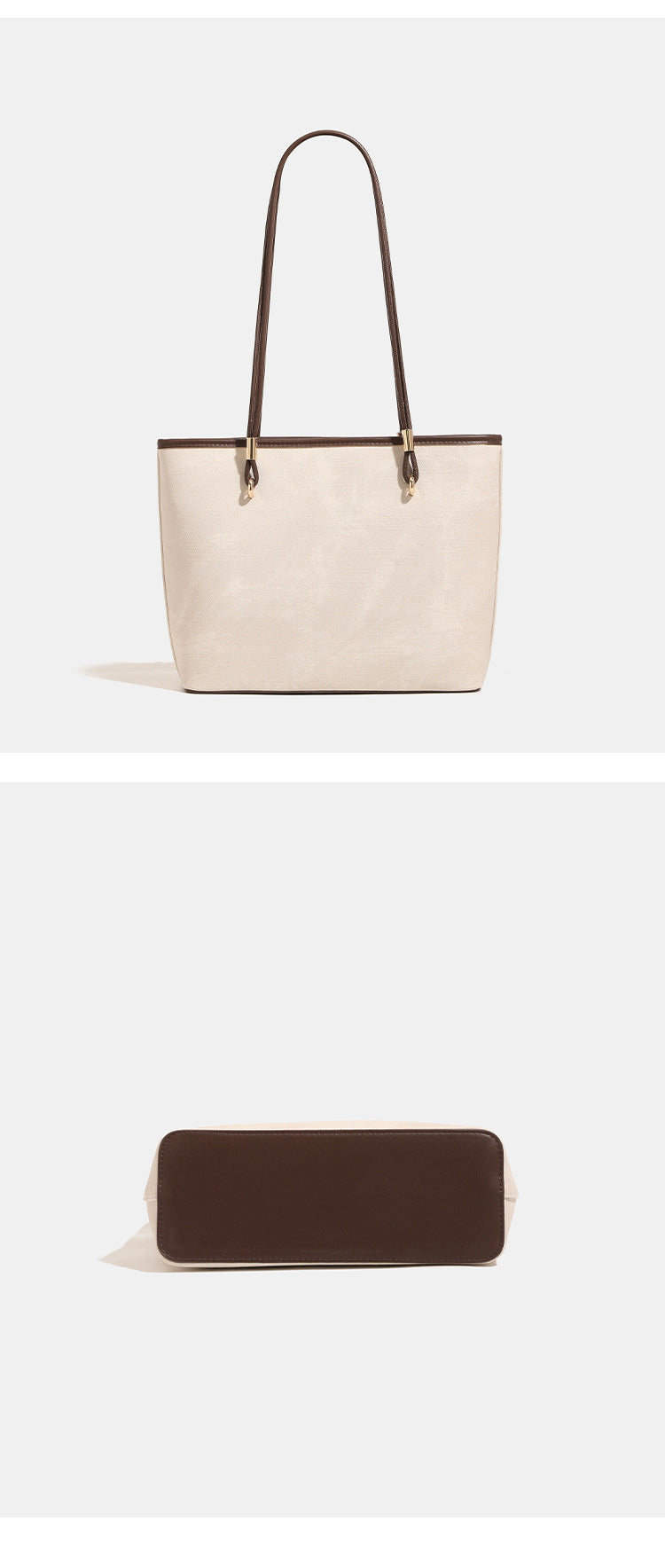 Große, strukturierte Tote-Bag mit offenem Oberteil in Creme, dunkelbrauner Borte in Lederoptik, zwei Schulterriemen und dreieckigem Logo-Badge