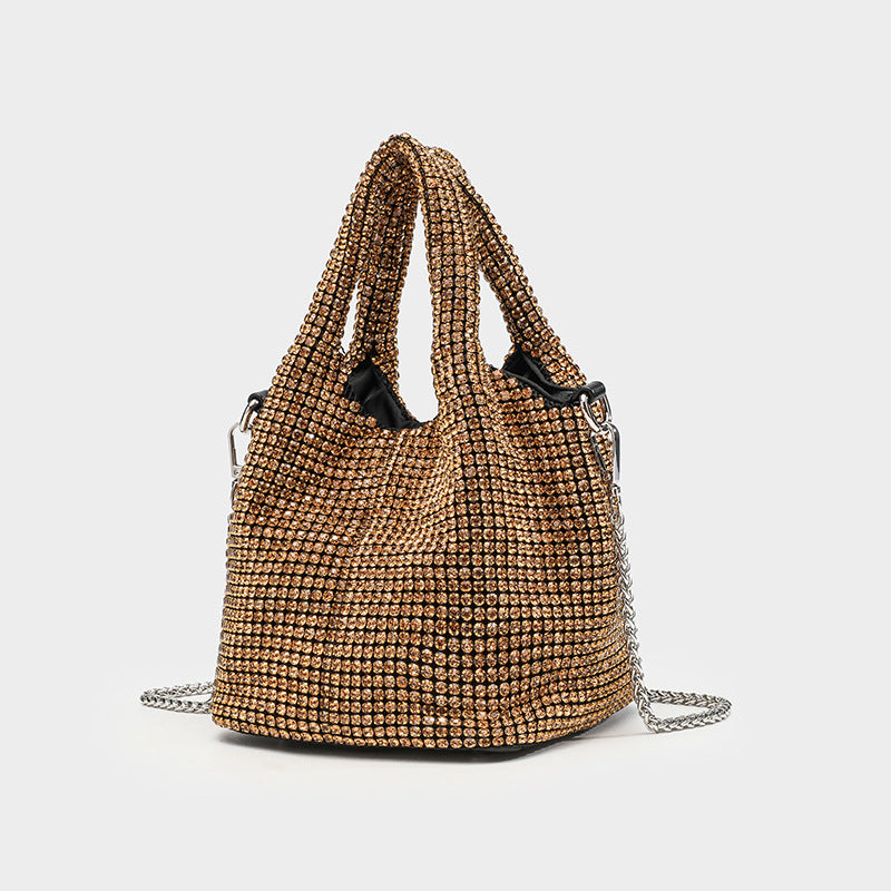 Small all-over rhinestone crystal bucket bag with twin handles and detachable chain shoulder strap, detail view 3