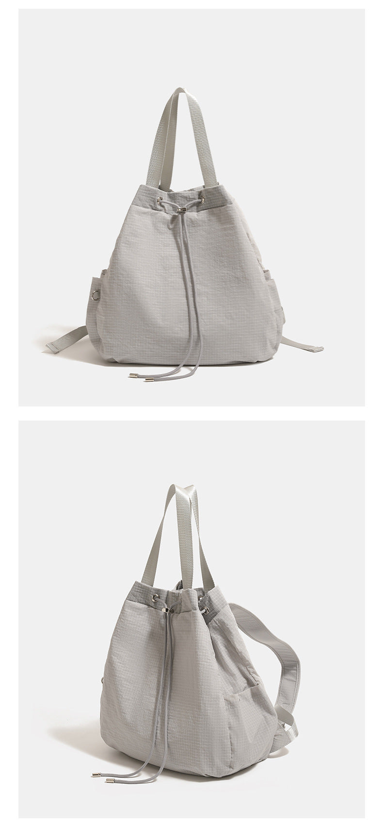 Glacier gray grid-texture nylon drawstring bucket convertible backpack with top handles and adjustable shoulder straps
