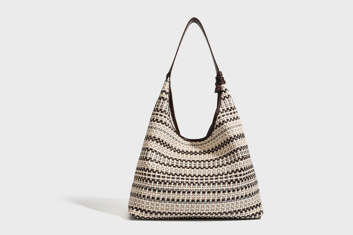 Slouchy woven stripe hobo shoulder bag with black-and-white pattern and leather-look strap, detail view 20