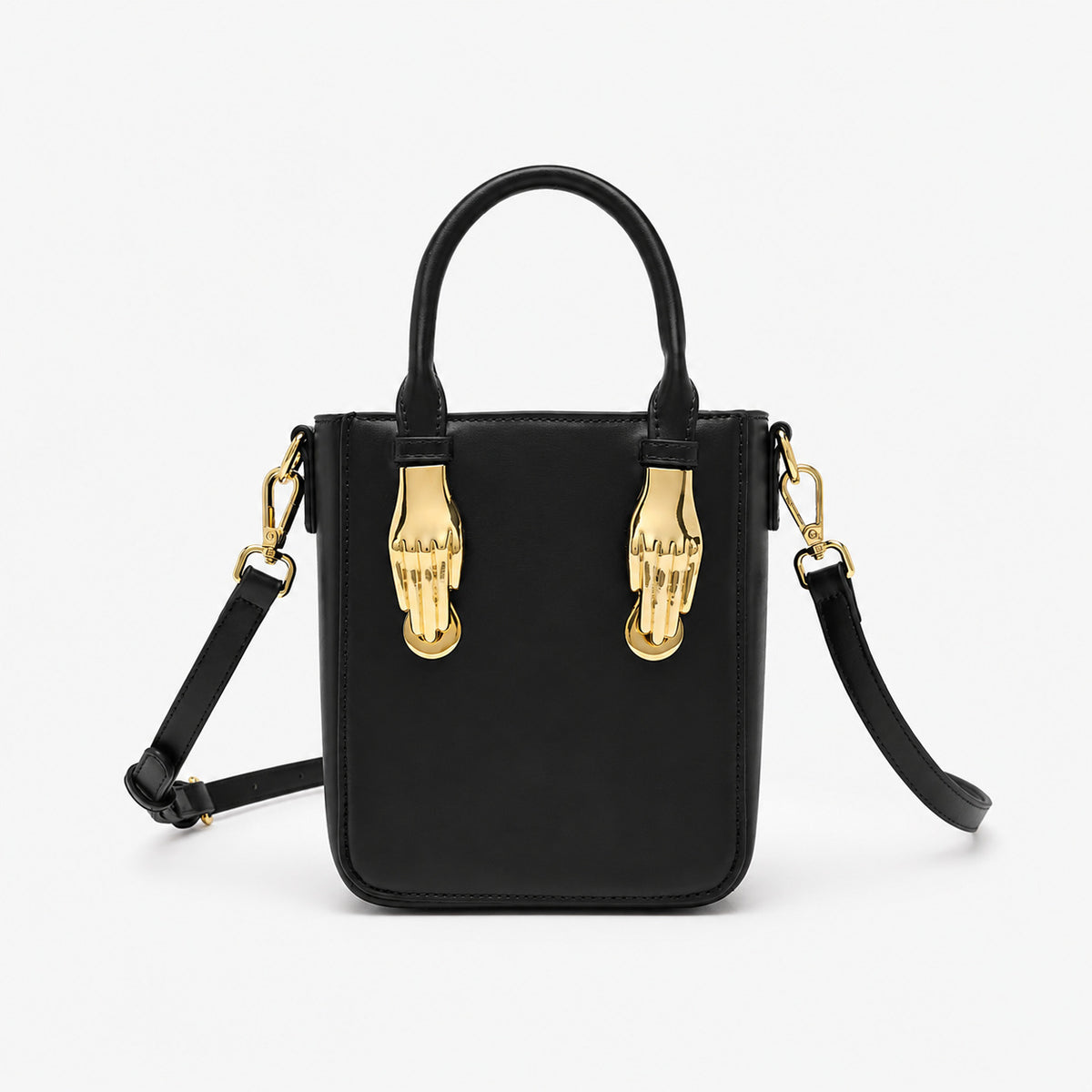 Mini-Tote mit strukturierter rechteckiger Form, goldfarbenem skulpturalem Drehverschluss und zwei oberen Henkeln, Detailansicht 10