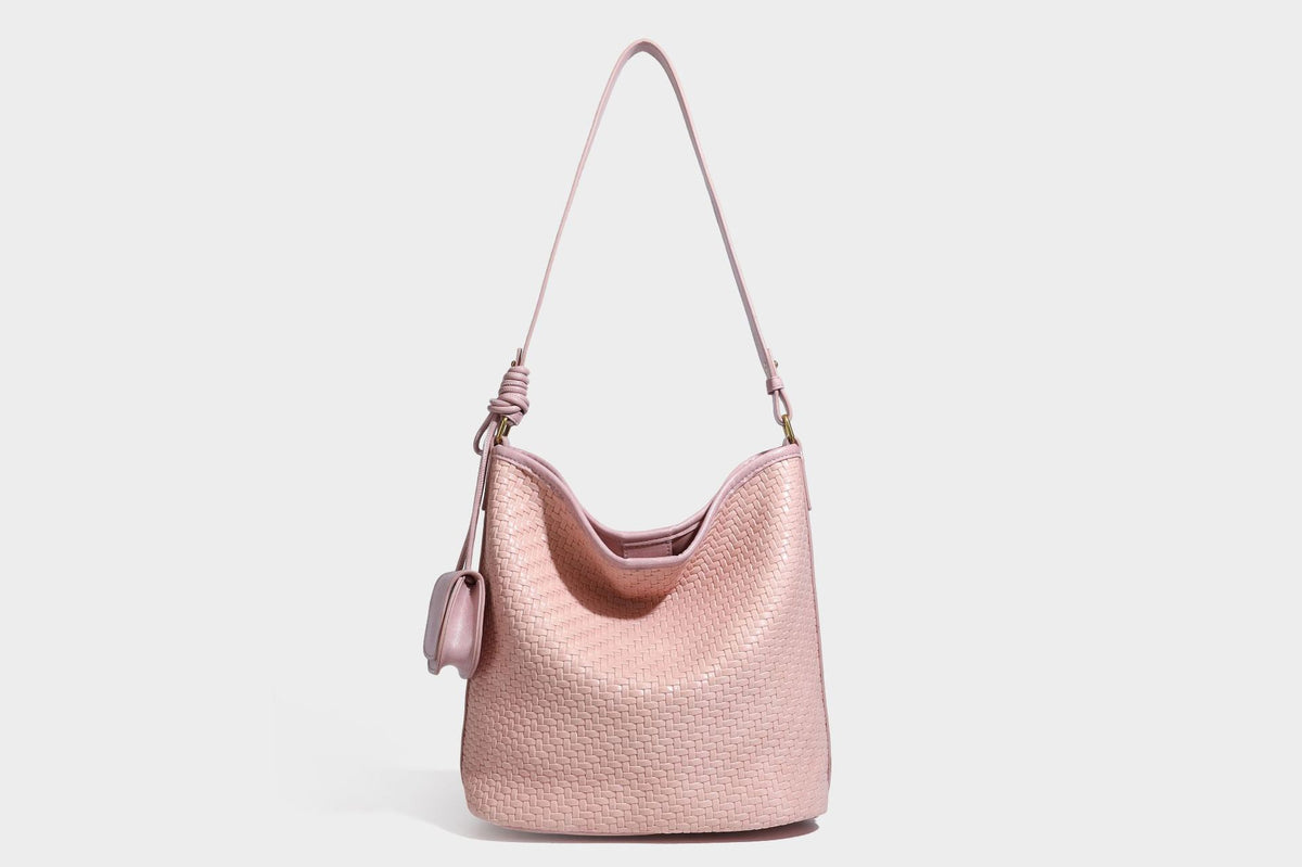 Woven-look slouchy hobo shoulder bag in brown with attached mini pouch and gold-tone hardware, detail view 45