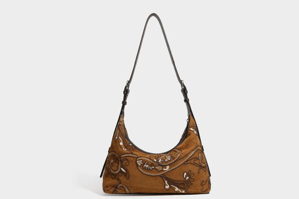 Deep chocolate suede-look hobo shoulder bag with tonal paisley floral embroidery, smooth dark leather-look trim, top zip
