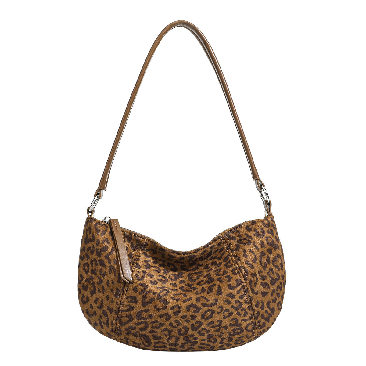 Brown and tan leopard print crescent hobo shoulder bag with zip top closure, front zip pocket, and adjustable silver-tone