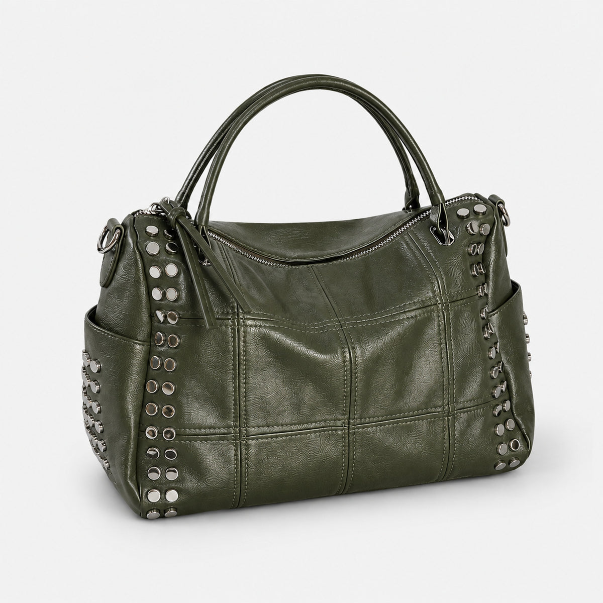 Black leather-look satchel bag with gunmetal rivet trim, grid-stitched paneling, dual rolled top handles, and curved zip