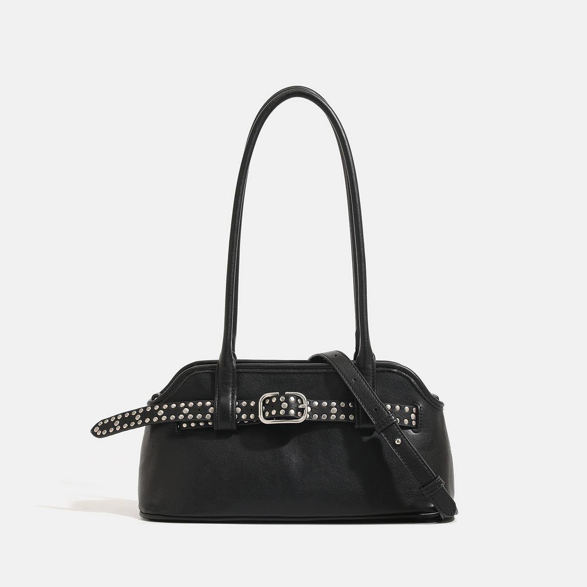 Kleine strukturierte Retro-Schultertasche mit Schnallendetail am Riemen, zwei Tragegriffen und goldfarbenen Beschlägen, Detailansicht 6