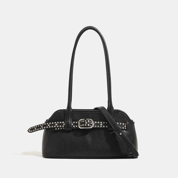Kleine strukturierte Retro-Schultertasche mit Schnallendetail am Riemen, zwei Tragegriffen und goldfarbenen Beschlägen, Detailansicht 6