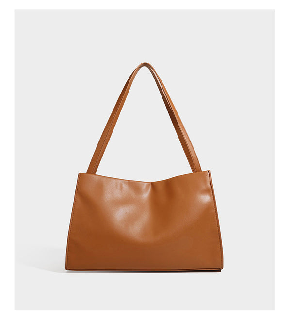 Structured rectangular shoulder tote bag with smooth leather-look finish, long double straps, and gold-tone gourd emblem on