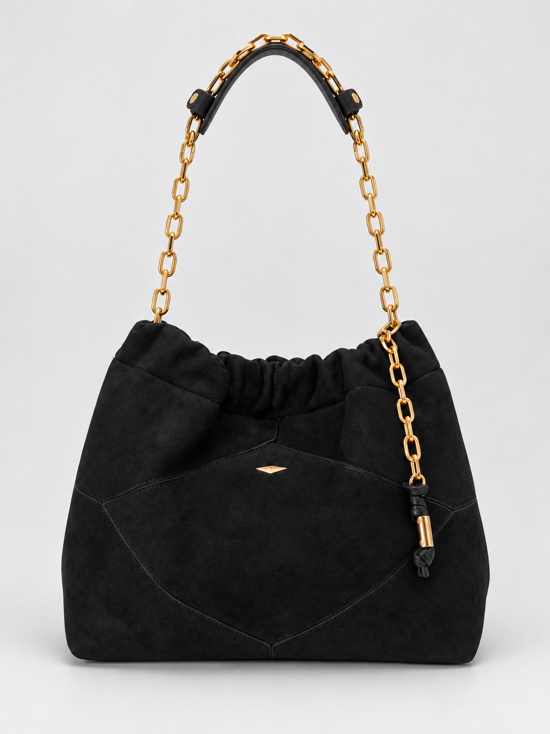 Slouchy suede-look shoulder bag with gathered top, angular stitched paneling, and chunky gold-tone chain strap, detail view 8
