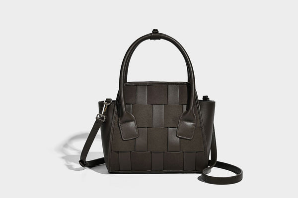 Small structured woven-panel mini tote bag with double top handles and detachable crossbody strap in matte leather-look