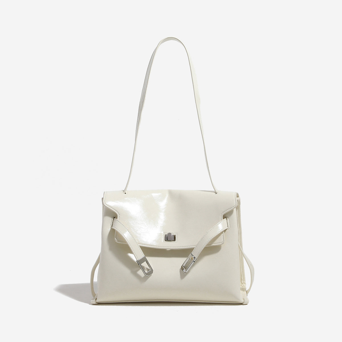 Structured rectangular flap shoulder bag in glossy leather-look finish with silver-tone turn-lock closure and adjustable