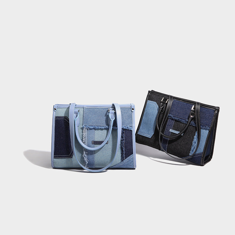 Structured patchwork denim tote bag with frayed panel seams, dual top handles, and silver-tone hardware, detail view 2