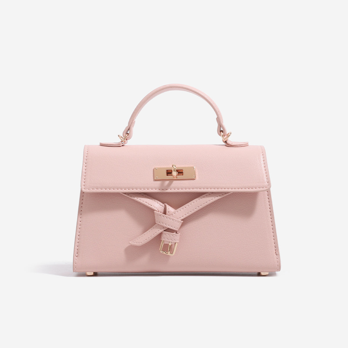 Structured mini satchel bag with pebbled matte finish, gold-tone twist-lock closure, bow-tie strap detail, short top handle