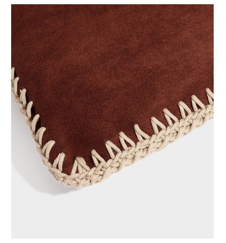 Matte suede-look drawstring bucket bag with cream braided woven edge trim and slim adjustable leather-look shoulder strap