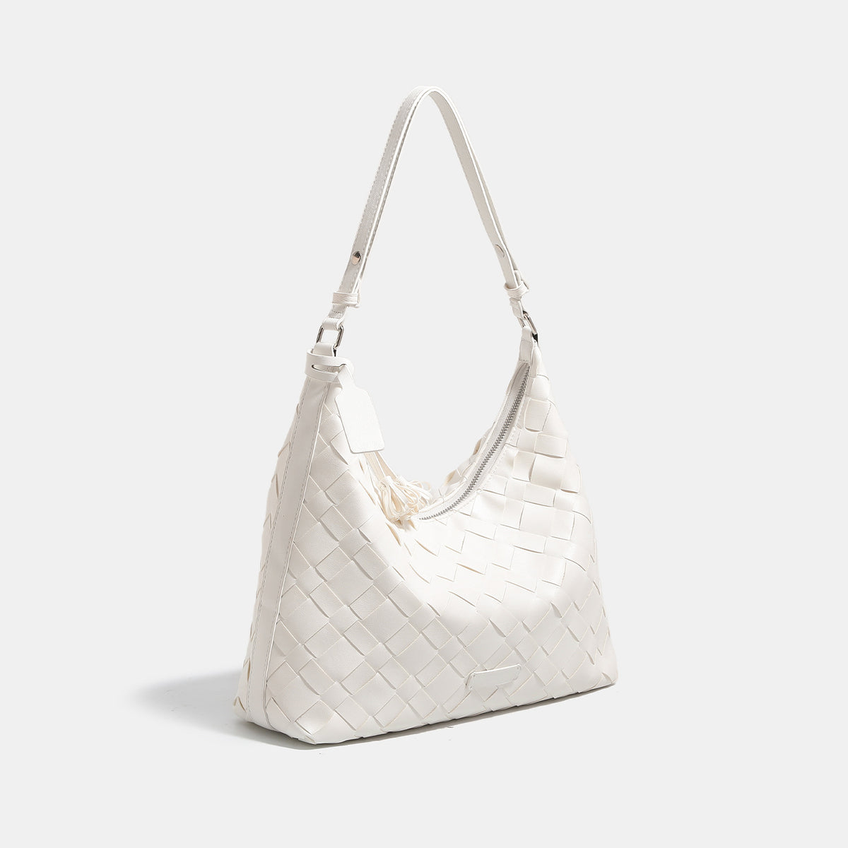Large woven checker hobo shoulder bag with slim strap, silver-tone hardware, and braided tassel zipper pull, detail view 3