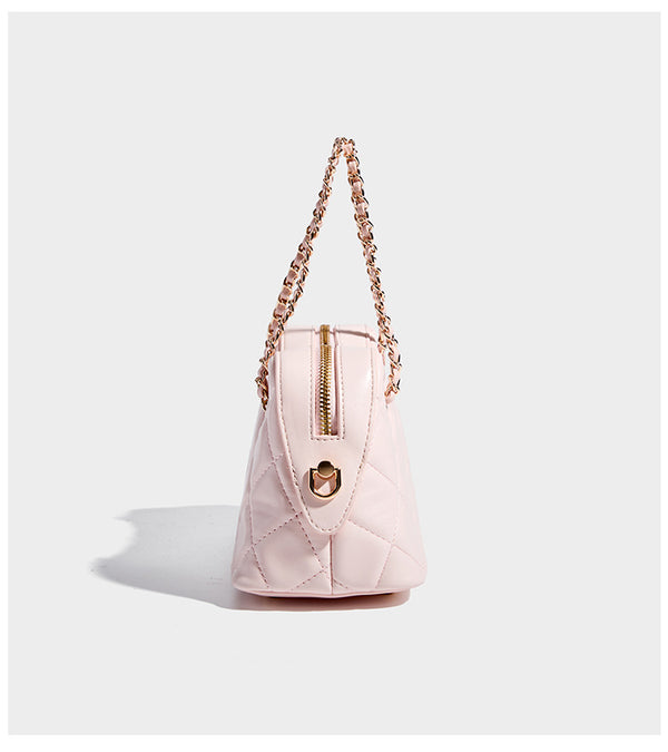 Diamond-quilted mini shoulder bag with gold-tone chain strap and top zip closure, detail view 9