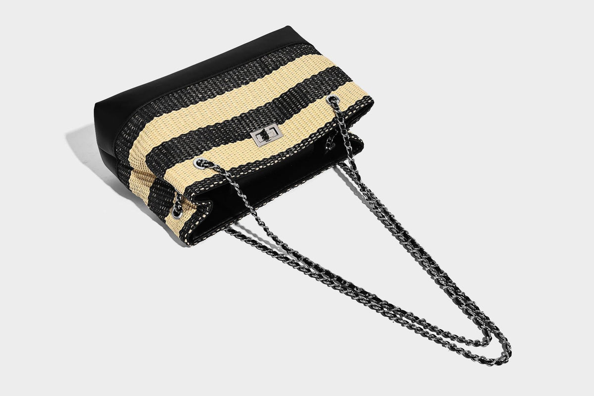 Structured black and beige striped woven shoulder bag with silver chain strap and turn-lock metal clasp, detail view 20