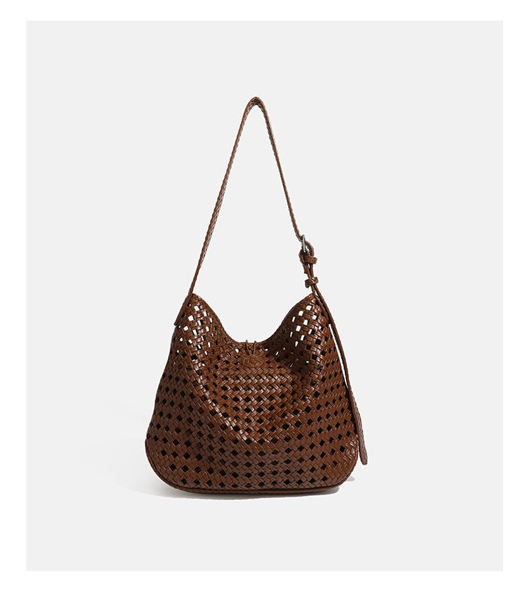Brown open-lattice woven leather-look hobo shoulder bag with braided strap and matching zip pouch, detail view 17