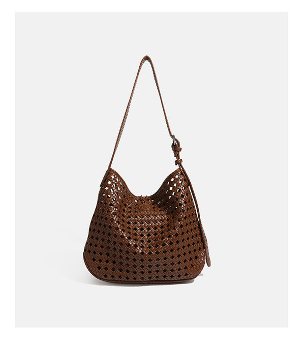 Brown open-lattice woven leather-look hobo shoulder bag with braided strap and matching zip pouch, detail view 17
