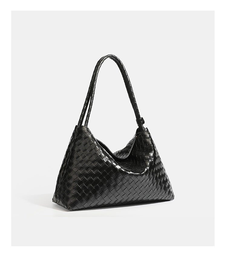 Slouchy woven leather-look hobo shoulder bag with braided strap and open top, detail view 17