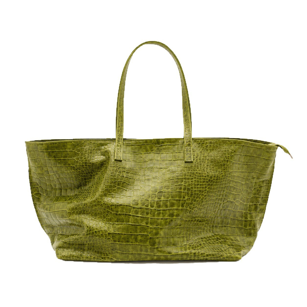 Oversized glossy crocodile-embossed tote bag with long double shoulder straps, detail view 5