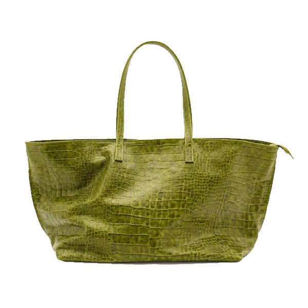 Oversized glossy crocodile-embossed tote bag with long double shoulder straps, detail view 5