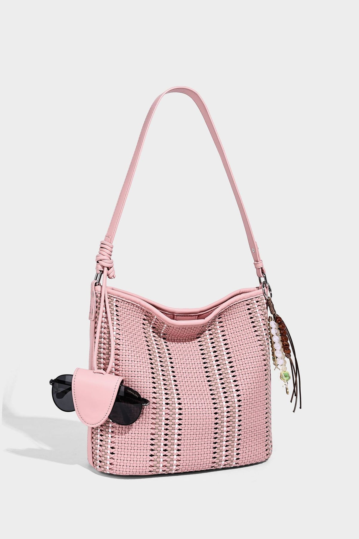 Woven bucket shoulder bag with leather-look trim, silver-tone hardware, and beaded tassel charm, detail view 30