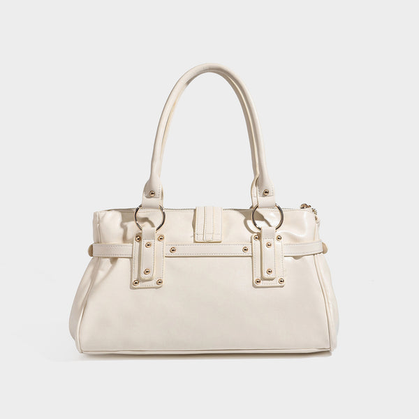 Dark brown glossy leather-look structured satchel tote with gold-tone studs, buckle straps, dual top handles, and detachable