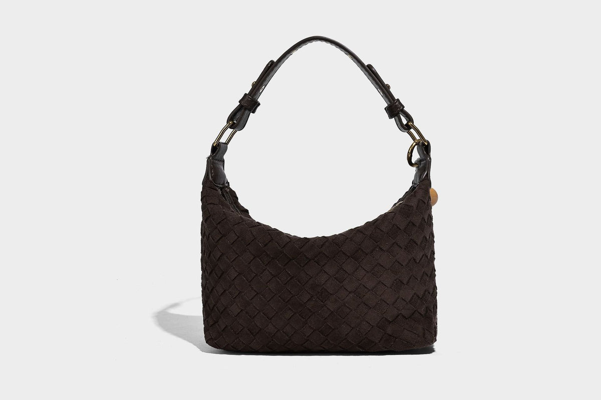 Small woven-texture crescent hobo bag in dark chocolate brown with top zip closure, gold-tone hardware, and adjustable