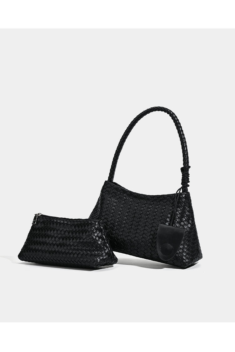 Woven leather-look shoulder bag with braided strap, trapezoidal body, and matching zip pouch, detail view 13