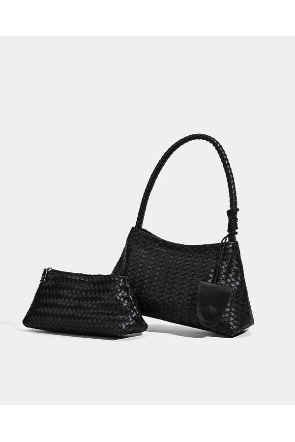 Woven leather-look shoulder bag with braided strap, trapezoidal body, and matching zip pouch, detail view 13