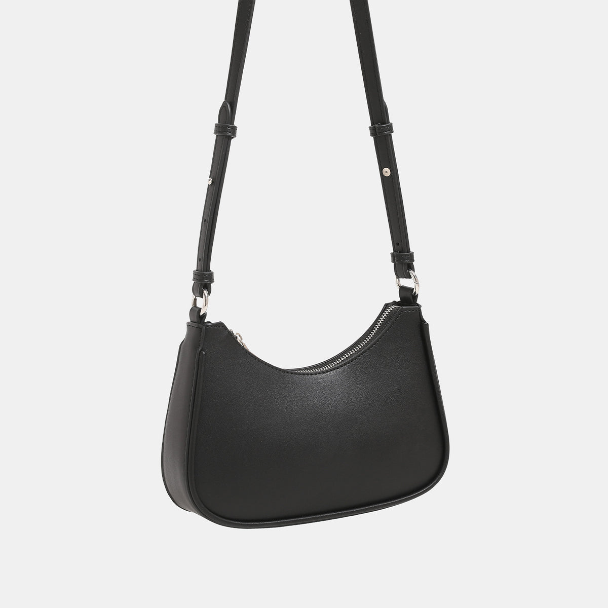 Compact crescent half-moon shoulder bag with chain-and-leather adjustable strap and silver-tone hardware, detail view 3