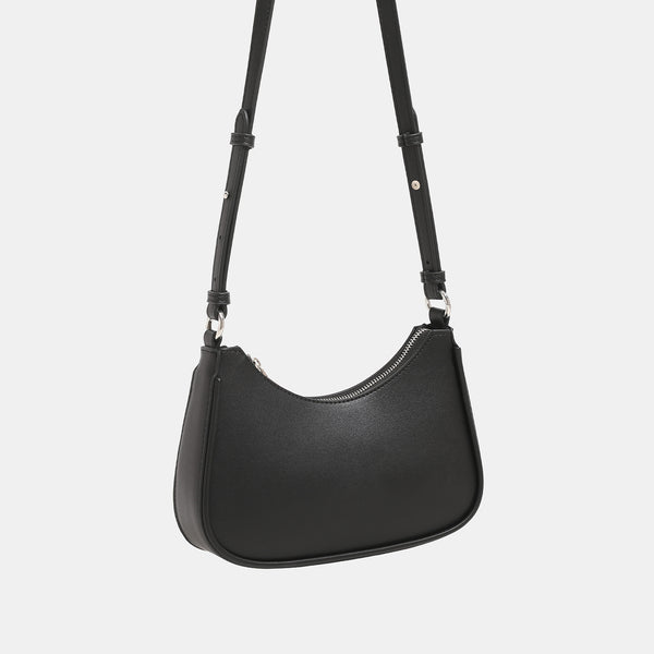 Compact crescent half-moon shoulder bag with chain-and-leather adjustable strap and silver-tone hardware, detail view 3