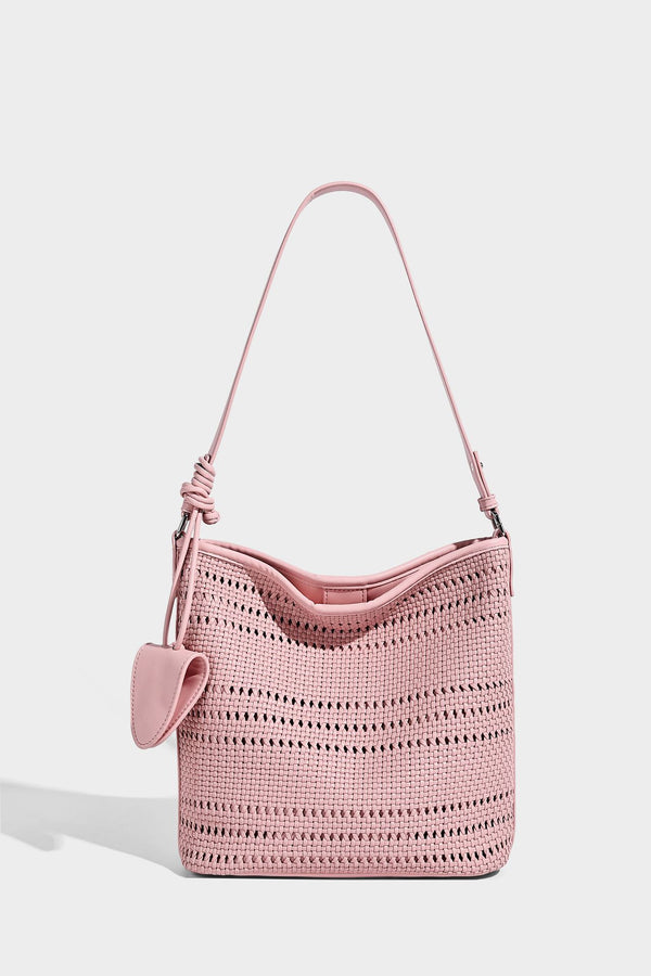 Handwoven open-weave shoulder bag with leather-look trim, knotted adjustable strap, and clip-on sunglasses sleeve pouch
