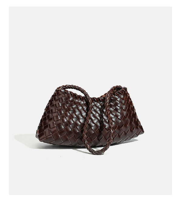 Dark brown hand-woven leather-look hobo shoulder bag with braided strap and drawstring closure, detail view 19
